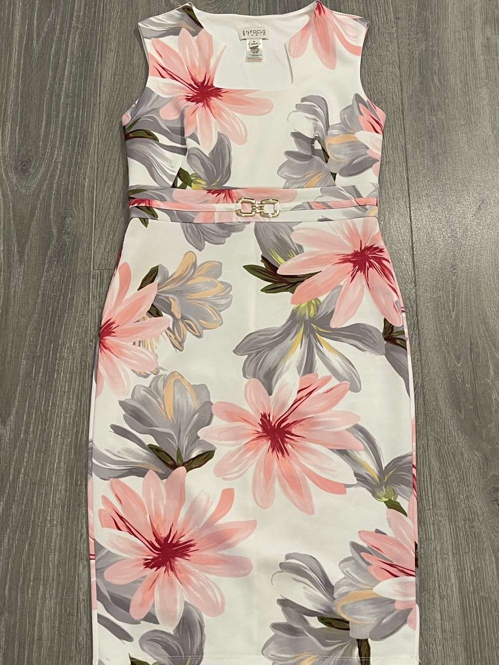 Enfocus Studio White Floral Belted Dress - Pink & Gray